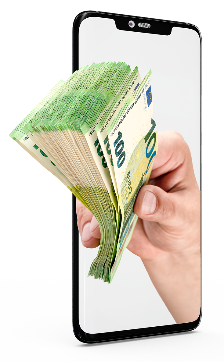 Cash in hand coming out of a smartphone